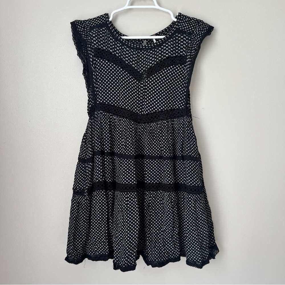 Free People Women’s Black White Micro Floral Dark Academia Mini Dress Size XS